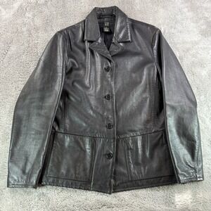 GAP Genuine Leather Jacket Womens M Black Button Front Coat Vintage Y2K Lined